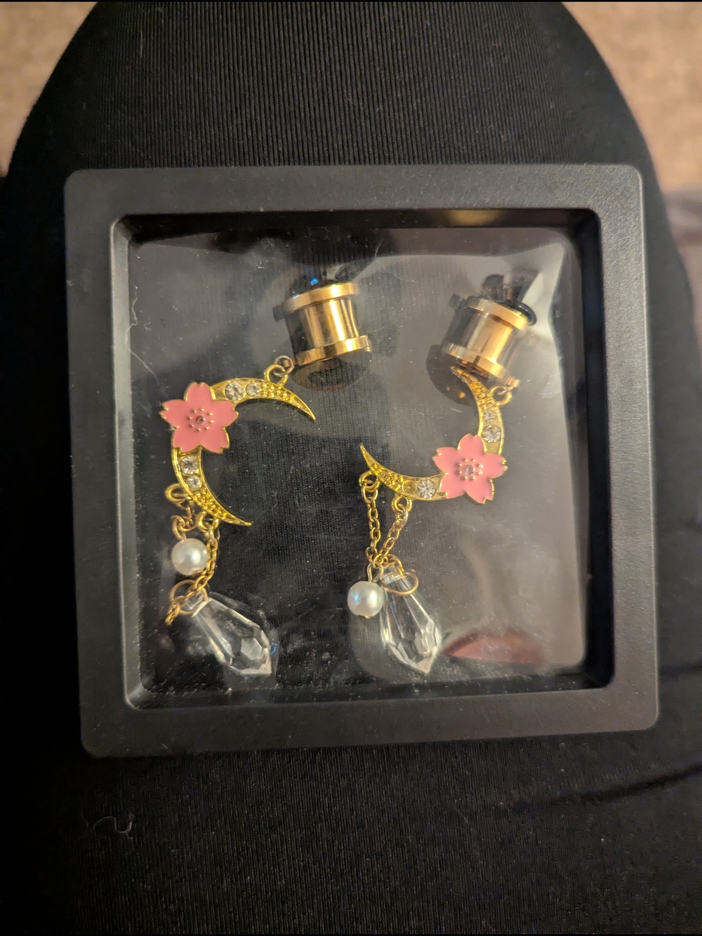 Gold Crescent Moon 0 Gauge Earrings with Pink Flowers